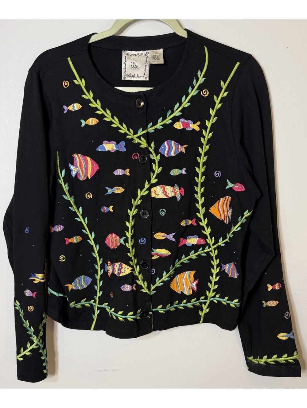 VTG Michael Simon Lite Fish Aquarium Embroidered Cardigan Sweater Large